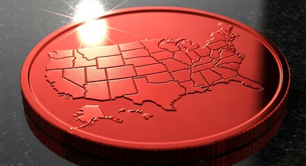 Glossy Red Coin Depicting the United States Map with Intricate Detail