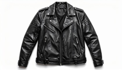 A black leather motorcycle jacket with asymmetrical zip, wide lapels, zippered pockets, and a belted waist laid flat against a white background.