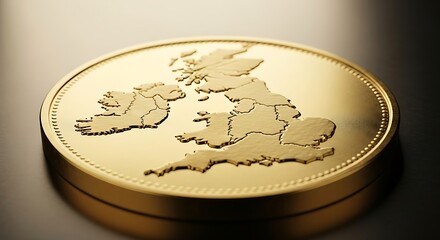 Polished Golden Detailed Map of United Kingdom on a Coin