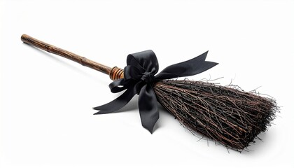 A rustic twig broom with a wooden handle and a black ribbon tied in a bow at the base rests in view