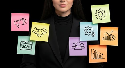Outline Businesswoman with Sticky Notes Representing Strategy and Management Concept