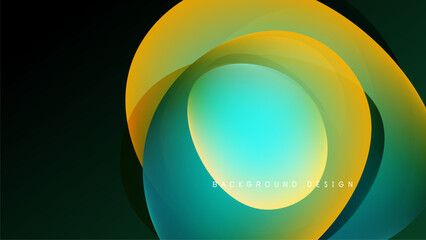 Abstract design features vibrant layers. Circular shapes blend yellow, turquoise, green hues. Dark background emphasizes colorful elements.
