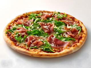 Delicious Classic Pizza Topped with Prosciutto and Rucola on a Rustic Wooden Table