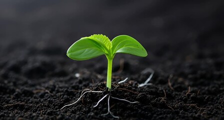 A young green sprout emerging from dark soil, showcasing new life and growth with visible roots and leaves animated 4k video - Powered by Adobe
