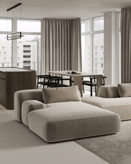 Bright modern living and dining area with comfortable sofa, curtains, and large windows.
