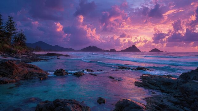 Peaceful ocean scenic landscape at twilight gentle tides rolling in silhouettes of distant islands under a pink and purple sky