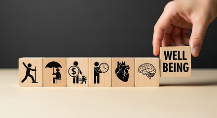 Conceptual Wooden Blocks Showing Various Aspects of Achieving Well Being Health