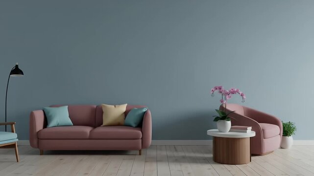 The interior has a pink armchair on empty blue wall background.