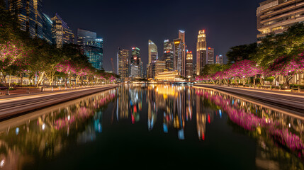 Fototapeta premium Glowing Cityscape of Singapore at Night with Reflections and Vibrant Flora Along the River Path