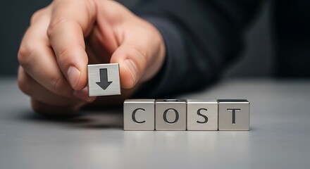Conceptual Shiny Metal Cube Down Arrow Symbol Cost Reduction Concept