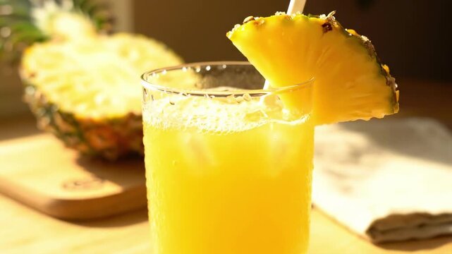 fresh juice pineapple - A refreshing glass of pineapple juice is being poured, featuring vibrant yellow liquid, a slice of pineapple on the rim, and a backdrop of a cut pineapple