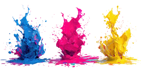 Colorful ink splashes, vibrant CMYK colors