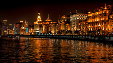 Fototapeta premium Stunning Nightscape of Shanghai's Historic Bund Illuminated by Glowing Lights Over Water Reflection