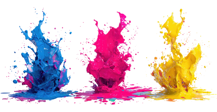 Colorful ink splashes, vibrant CMYK colors