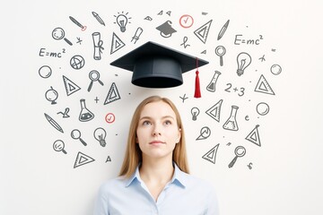 Woman thinking under graduation cap with science and education doodles on white background, symbolizing learning, ideas and academic inspiration.