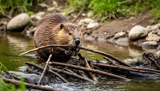 Close-up of a wild beaver eating a branch in the water. Industrious North American rodent building a dam in a river. Wildlife in its natural habitat