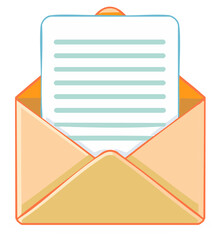 Simple open mail envelope with a white letter displaying a message or incoming correspondence