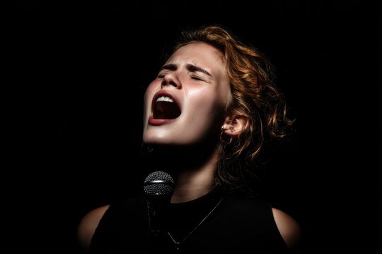 Woman frowning and singing against a dark backdrop