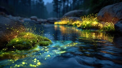 Fairy tale valley landscape bioluminescent plants glowing along a riverbank their lights shimmering in the water beautiful magical reflection