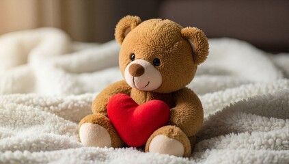 A cute brown teddy bear holding a red heart on a soft white blanket. Stuffed animal toy for Valentine's Day or as a romantic gift of love