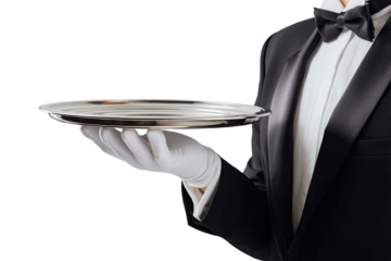 A waiter in formal attire holds an empty silver tray