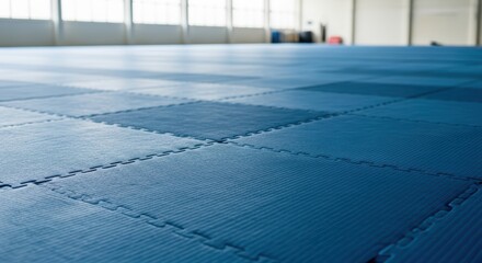 Blue interlocking foam mats in spacious room with sunlit windows