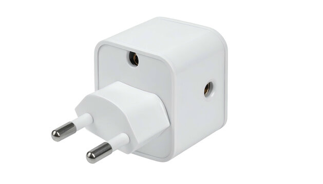 Angled shot of white, cube-like, electrical Europlug adapter