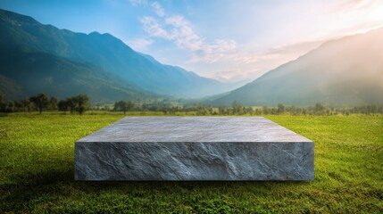 Platform and mockup natural background stone podium on the grass field backdrop meadow mountain for product stand display advertising