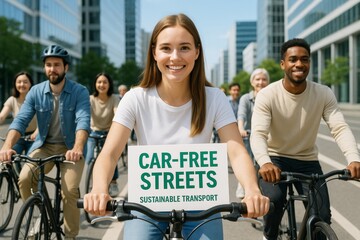Group of diverse cyclists promoting car-free streets and sustainable urban transport on a sunny day in a modern city environment. Ai generative