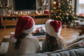 Mother and daughter on the couch video chatting with a couple in Santa hats observing social distancing during Christmas lockdown