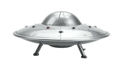 Shiny metal flying saucer with dome top, dark background