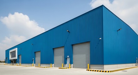 Bright Blue Facade Industrial Building Exterior with Rolling Doors Architecture