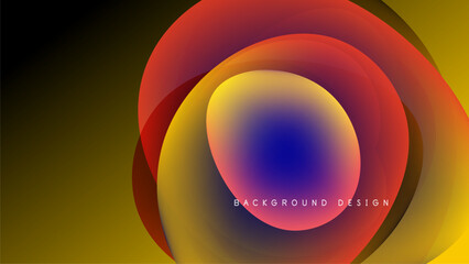 Abstract colorful layers create dynamic circular design. Gradient hues blend, forming modern visual impact. Background is dark, contrasting bright shapes.