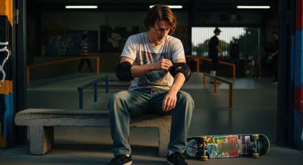 Young caucasian male skateboarder adjusting safety gear in indoor skate park