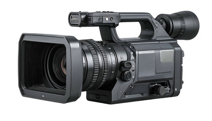 Professional broadcast camera with lens hood on dark background