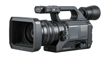 Professional broadcast camera with lens hood on dark background