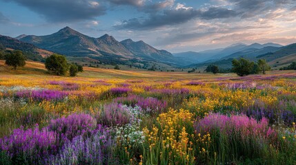 Fototapeta premium Vibrant spring landscape fields of wildflowers distant mountains golden sunrise beautiful and idyllic countryside scene