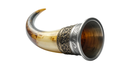 Drinking horn with engraved metal rim, ivory colored tusk