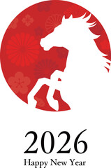 午年の年賀状テンプレート　日の出と馬と和風模様