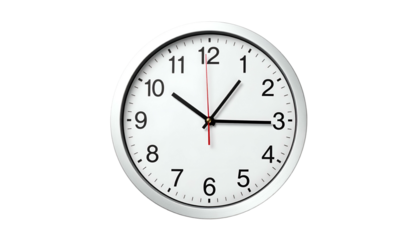 Wall clock showing 150, with a white face and silver frame