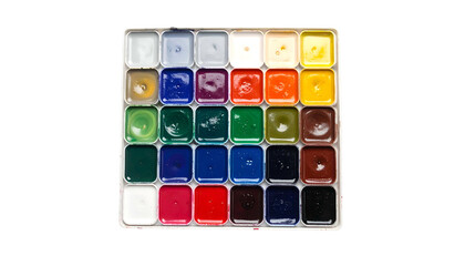 Paints Colorful palette of watercolors in plastic grid container