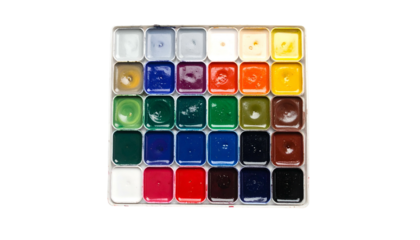 Paints Colorful palette of watercolors in plastic grid container