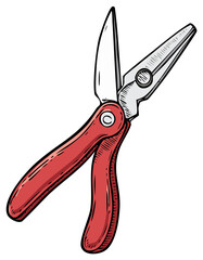 Hand Drawn Cartoon Image of Wire Cutters with Red Handles, Clipping Tool Illustration, Hand Tool for Electrical Work