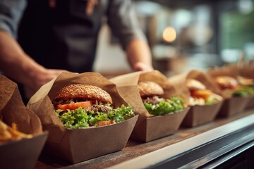 New burger with veggies Guy is putting food into eco friendly paper boxes inside the restaurant