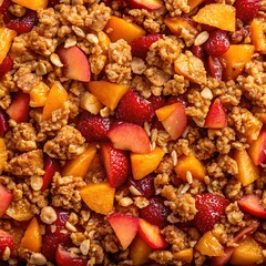 Vibrant rustic fruit granola close up overhead shot