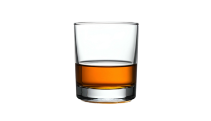 Short glass filled with brown liquor against a black background
