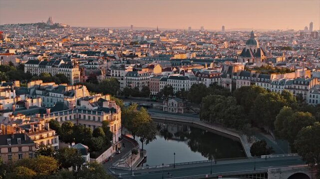 Stunning aerial view of Paris cityscape at golden hour glow