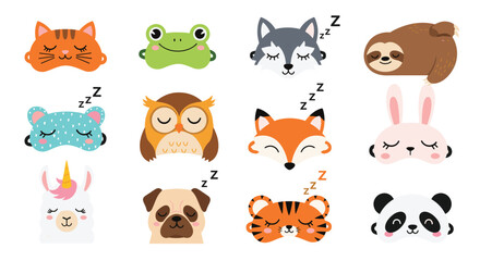 Obraz premium A collection of cute sleepy animal masks in pixel art style.