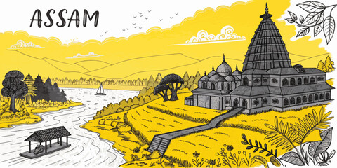 Hand Drawn Sketch of Assam with Kamakhya Temple, Kaziranga Rhino, Tea Gardens and Cultural Bihu Dancers &ndash; Traditional Indian Line Art for Tourism and Print Use