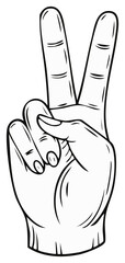 Obraz premium Hand making peace sign gesture illustration in black and white line art style for victory or harmony